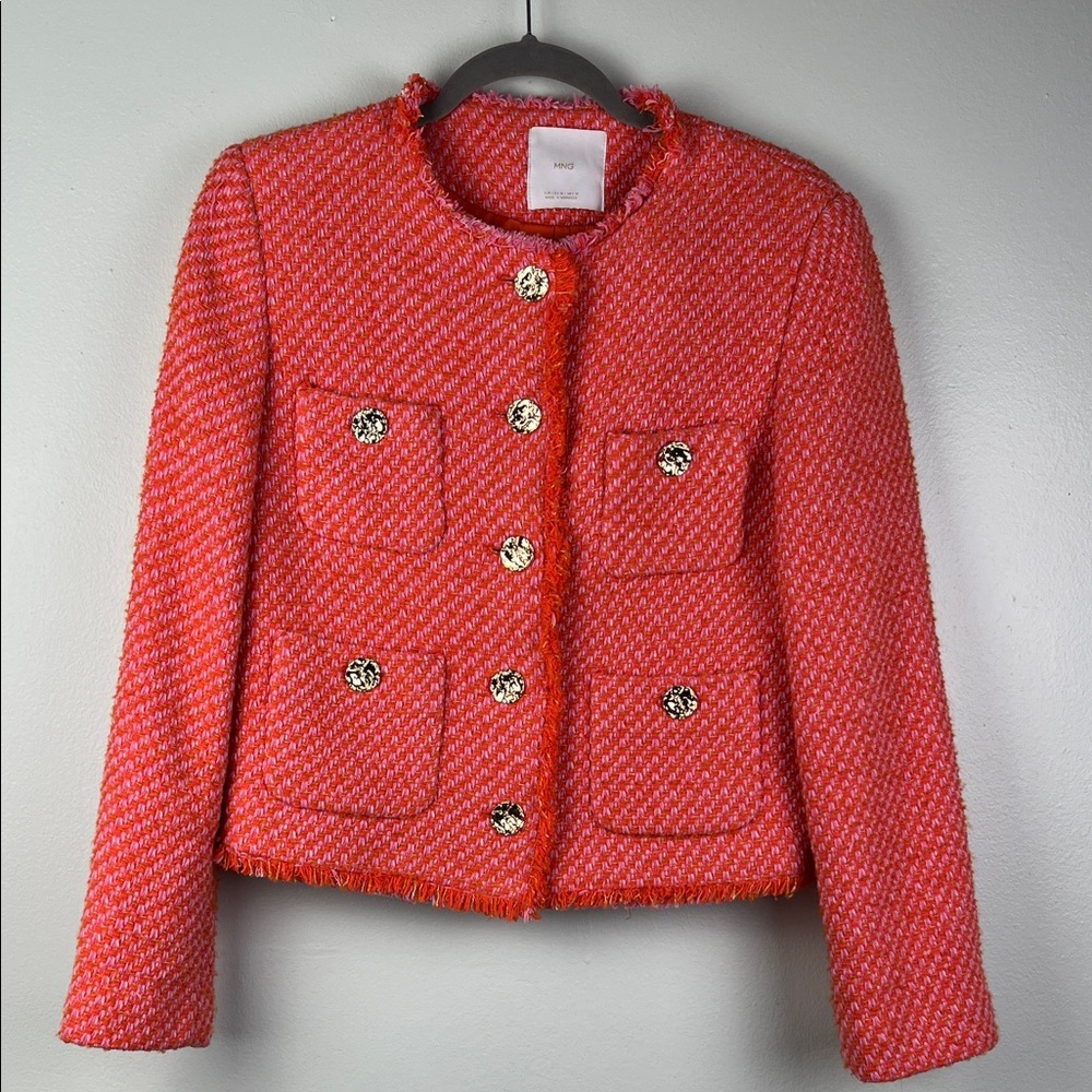 Mango Coral Bouclé Cropped Jacket with Gold Buttons